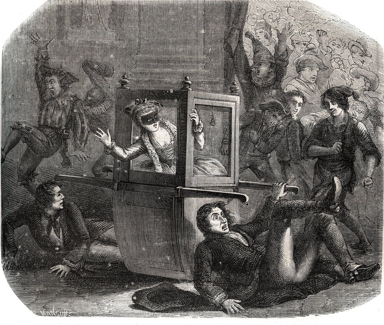 Jokerit estävät Marie-Theresen (Marie Therese) Le Vasseurin (Levasseur) (1721-1801), karnevaaliasun, etenemisen pyörätuolissaan. Hän on erään entisen rakastajan koston uhri. Kaiverrus vuodelta 1871 kirjassa "Histoire Des Cocus C tekijältä French School