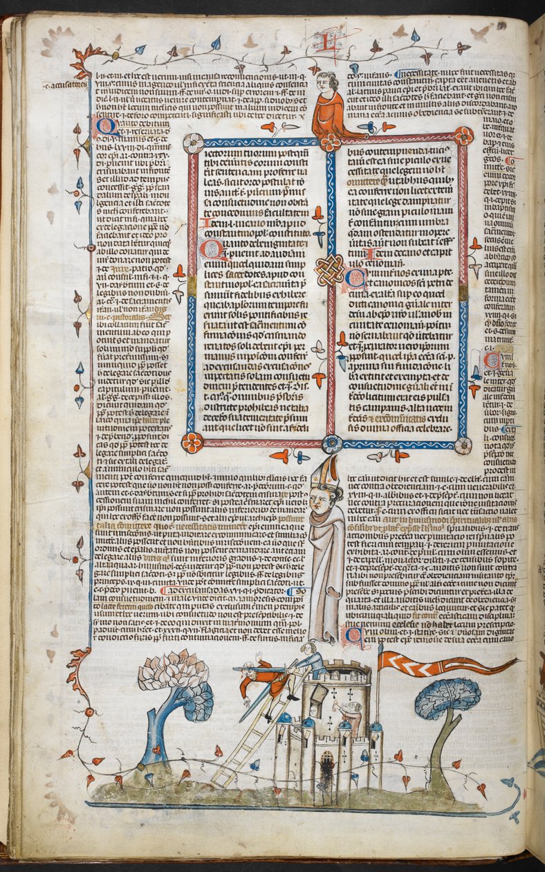 Melkoinen kohtaus miehestä, joka yrittää tunkeutua linnaan ja jonka yksi puolustajista tappoi Smithfield Decretalsista, Royal 10 E. IV, f.18v tekijältä French School
