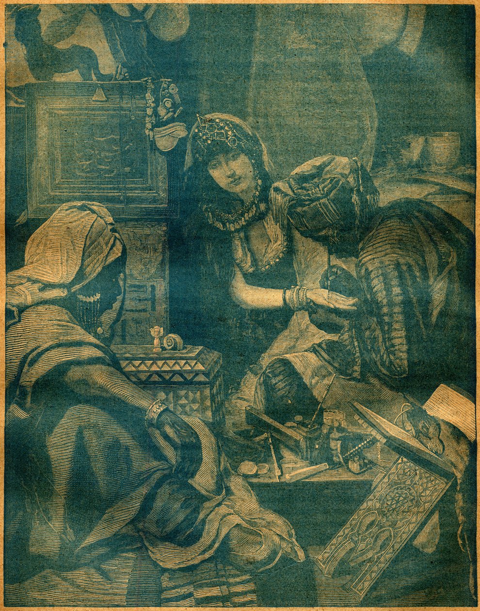 Basaar Lahoressa, Intiassa. Kaiverrus kirjassa "La Terre Illustree" nro 94, 25. elokuuta 1892. tekijältä French School