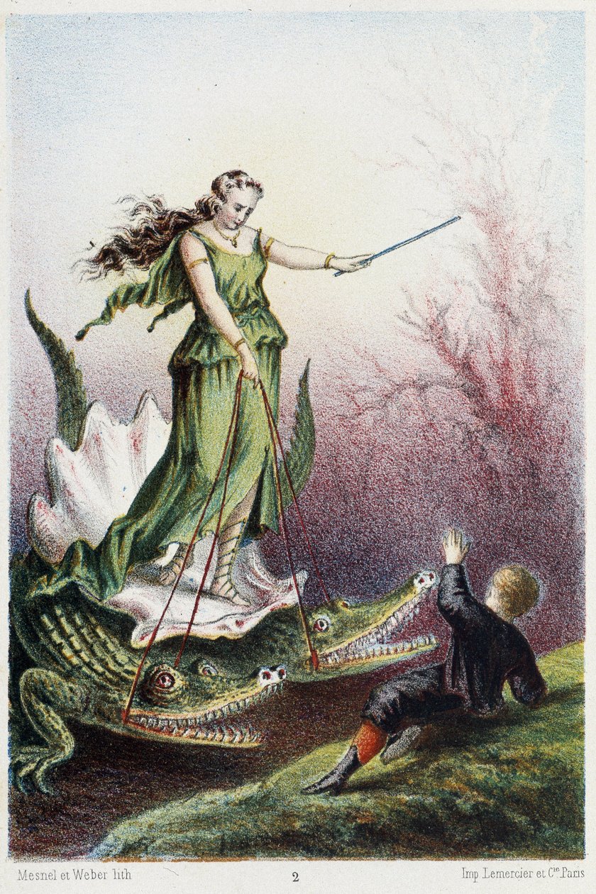 Poika naisen edessä, joka on kahden krokotiilin vetämän säiliön selässä - H. de la Blanchèren teoksessa "Matka merenpohjaan". Pariisi, toim. Jouvet et Cie, sd. 1880. (Double 02945) tekijältä French School