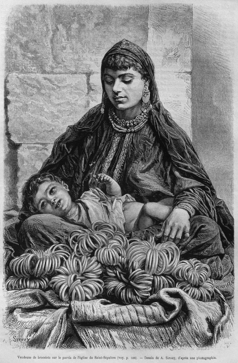 Rannekorun myyjä lähellä Pyhän haudan kirkkoa, Syyriasta tänään. Matkustaa Foinikiassa, Libanonissa ja Juudeassa. Louis Charles Emile Lortetin 1875-1880, 1884 (bw-kaiverrus) tekijältä French School