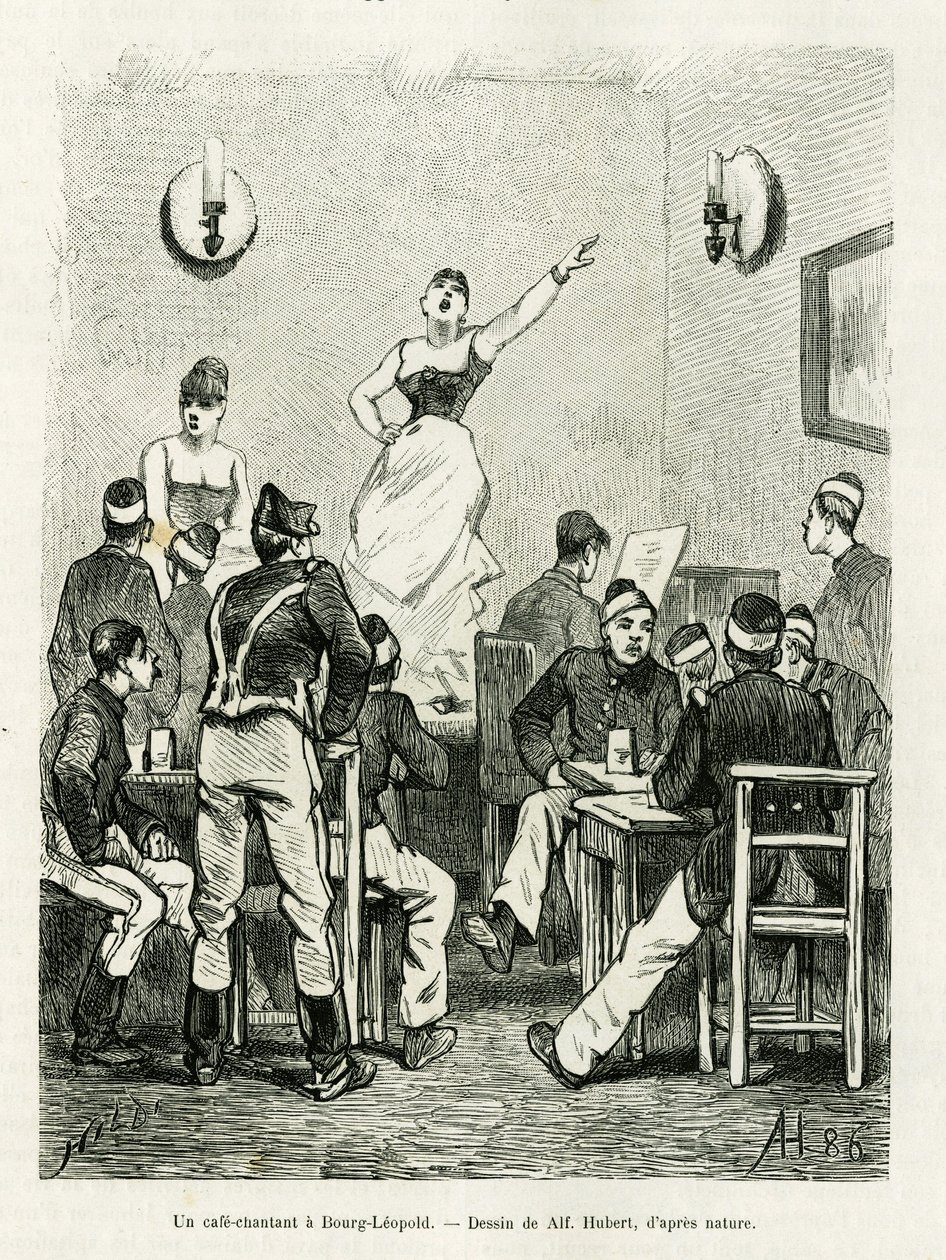 Kahvila laulaa Bourg Leopoldissa. A.Hubertin kaiverrus havainnollistamaan tarinaa La Belgique, kirjoittanut Camille Lemonnier, in le tour du monde 1886, ohjannut Edouard Charton (1807-1890), Hachette, Paris. tekijältä French School
