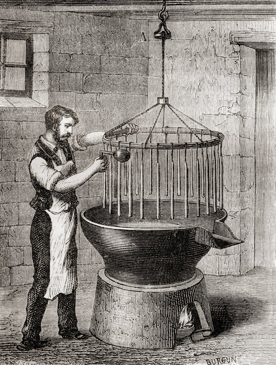 Kynttilöitä valmistava kauppias 1800-luvulla noin vuonna 1870 julkaistusta teoksesta "Les Merveilles de la Science" (kaiverrus). tekijältä French School