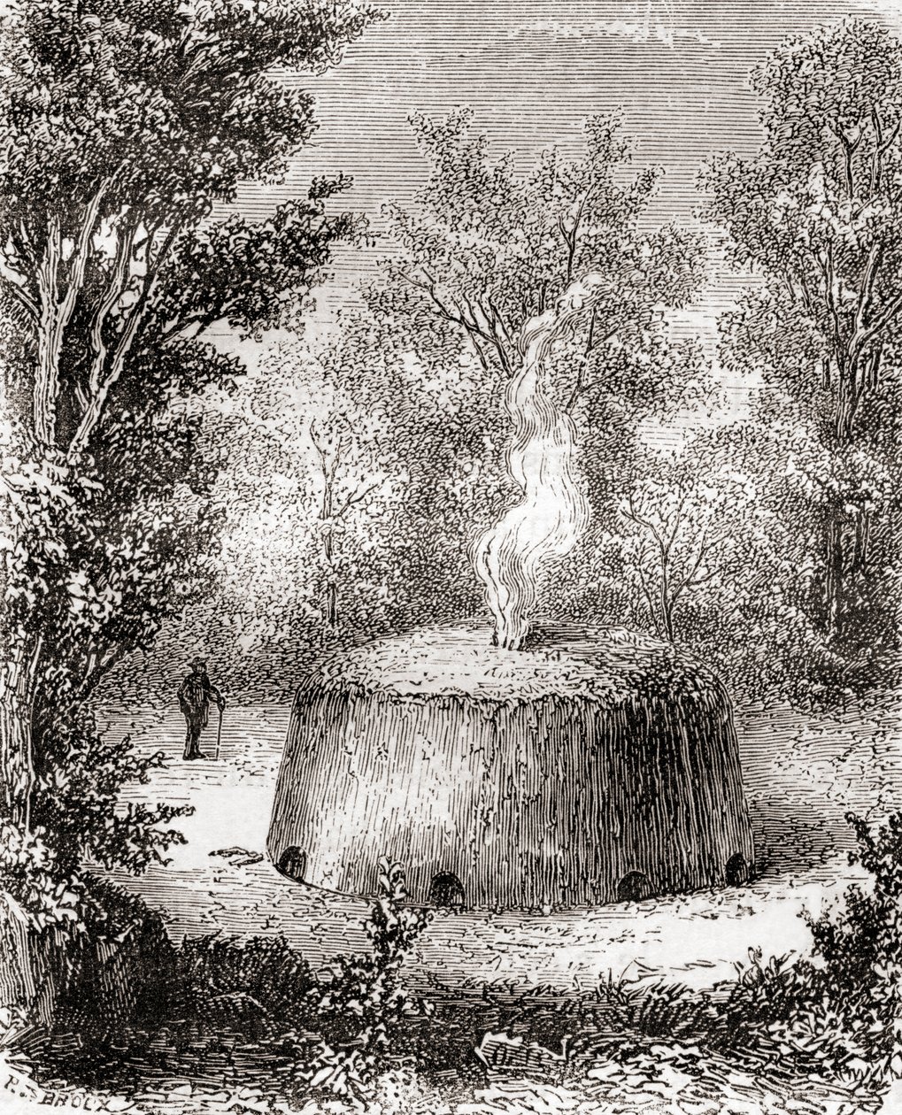 Hiiliuuni metsässä, 1800-luvun piirustuksen mukaan, Les Merveilles de la Science, julkaistu noin 1870 (kaiverrus) tekijältä French School