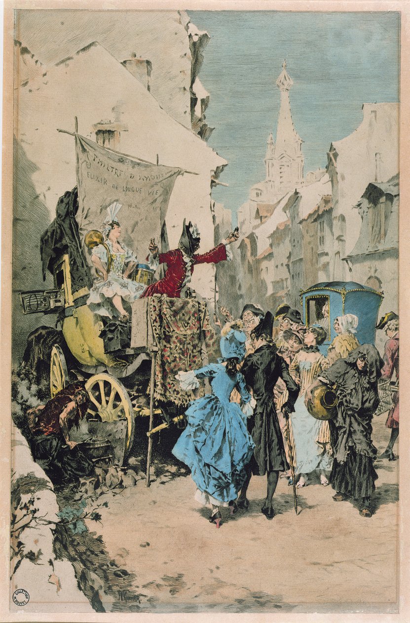 Nuoruuden eliksiiriä myyvä sarlataani 1700-1800-luvulta tekijältä French School