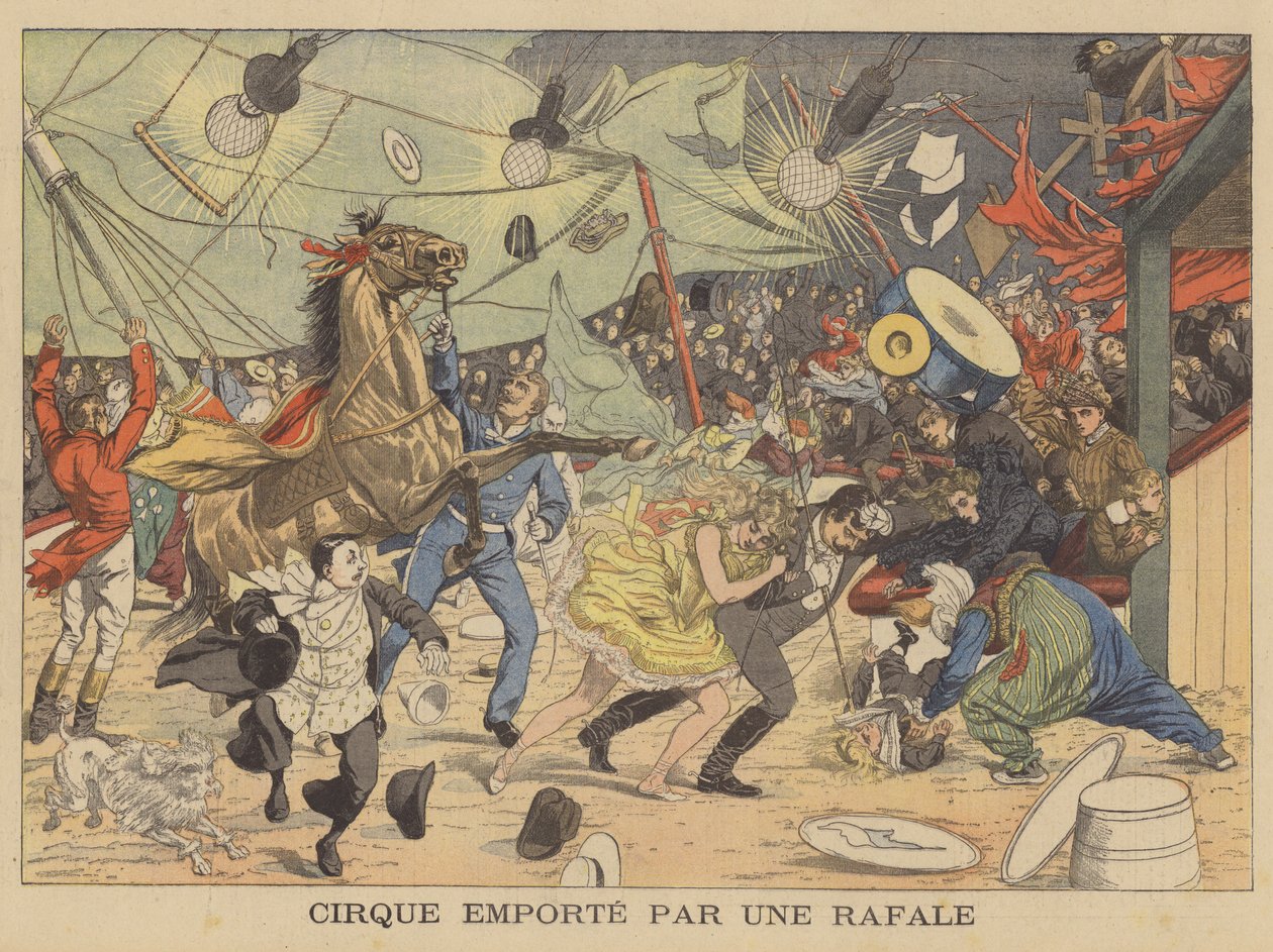 Sirkusteltta, jonka tuulenpuuska vie mukanaan (värilitografia). tekijältä French School