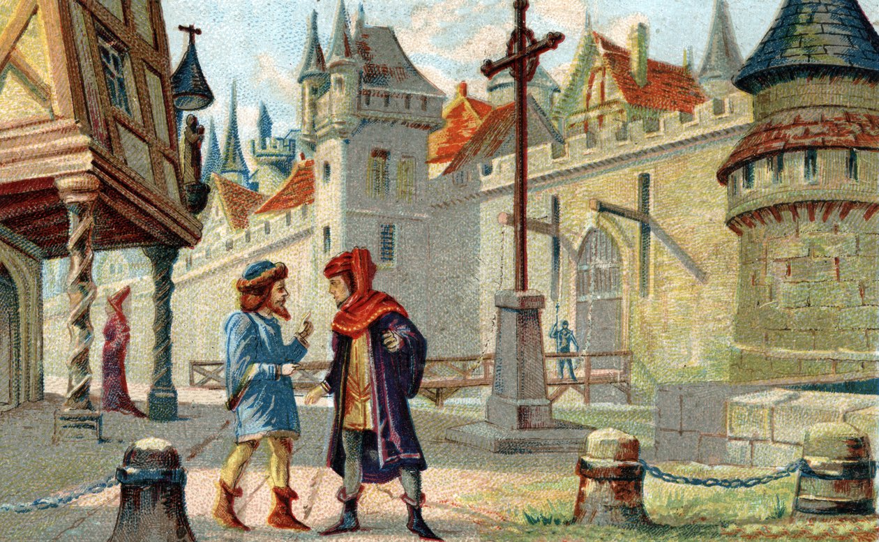 Kaupunki keskiajalla. 1800-luvun lopun kromolitografia. tekijältä French School