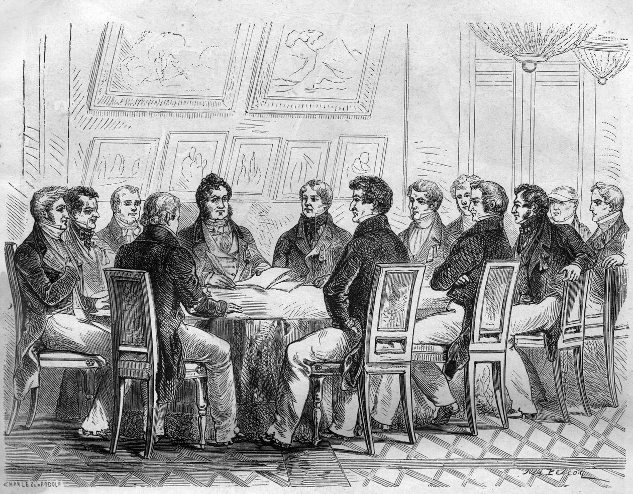 Porvariston edustajien sovinto Pariisin Palais Royalissa Kaarle X:n ja Restauration aikana. Kaiverrus Maurice Lachatren teokseen "Paavien-kuninkaiden-kuningattaren ja keisarien historia vuosisatojen ajan" tekijältä French School