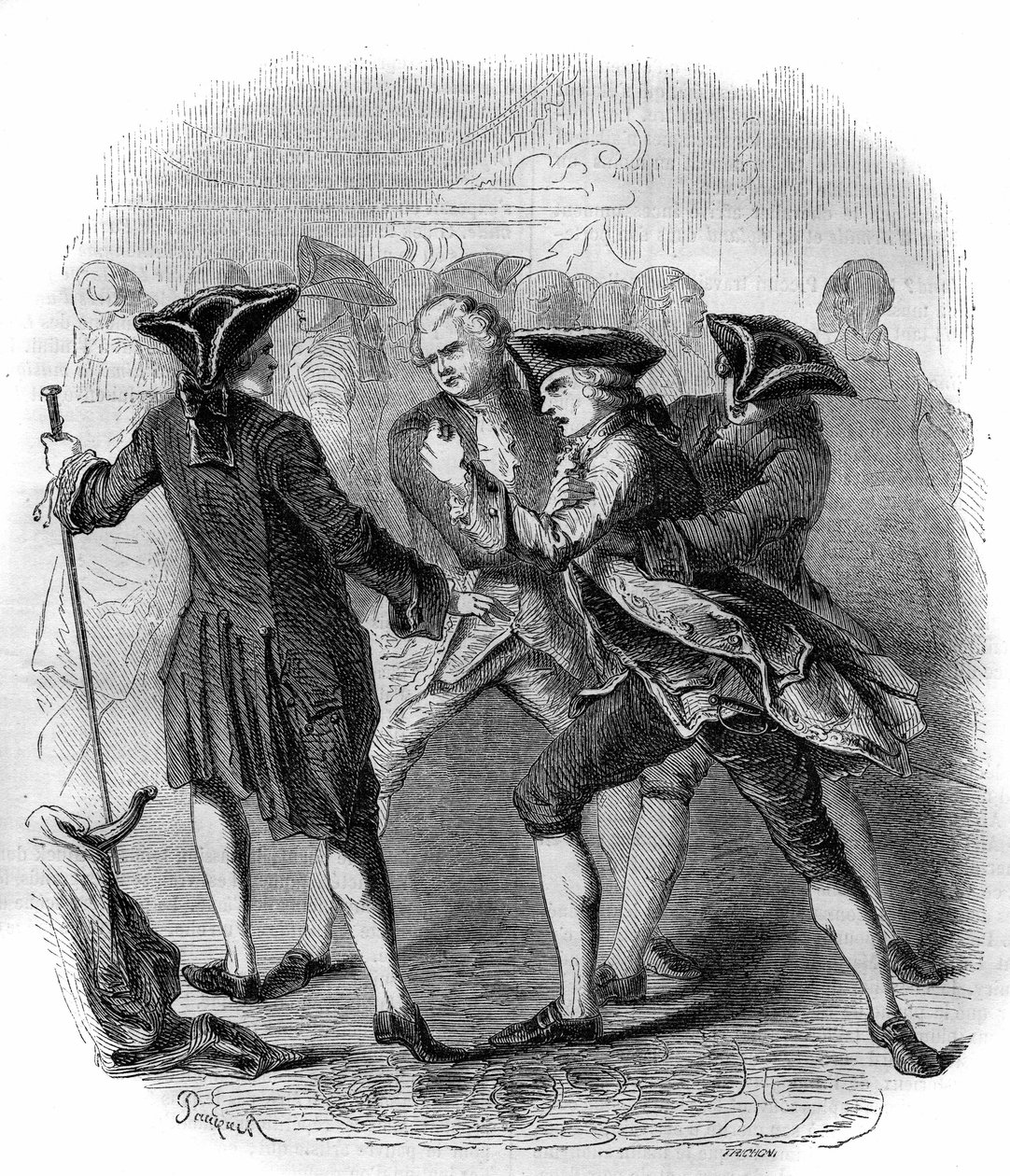 "" Gluckistes""" ja """"Piccinistes""" vastakkainasettelu kuvaa säveltäjien Christoph Willibald Gluckin ja Niccolo Vito Piccinnin välistä kilpailua. Kaiverrus vuodelta 1856. tekijältä French School