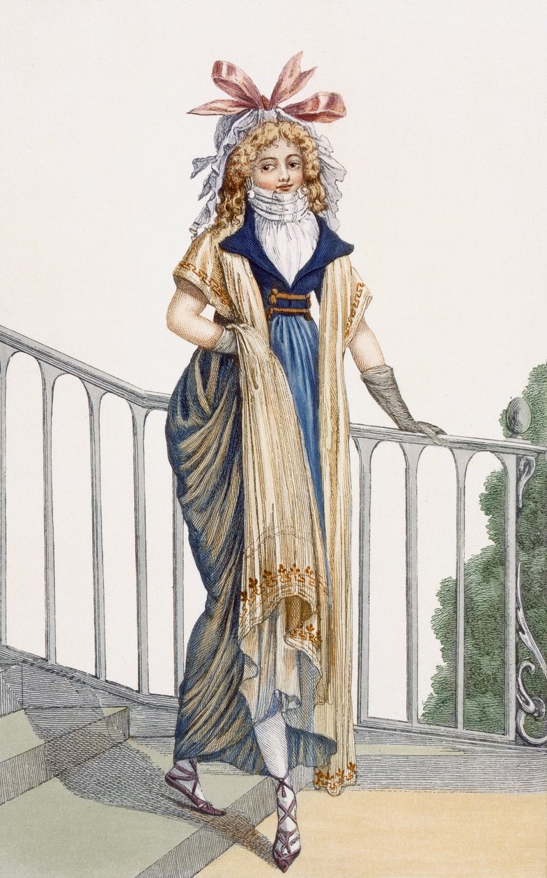 Maalaistyylinen kävelymekko, kuvitus Journal des Dames et des Modesista, 1797 tekijältä French School