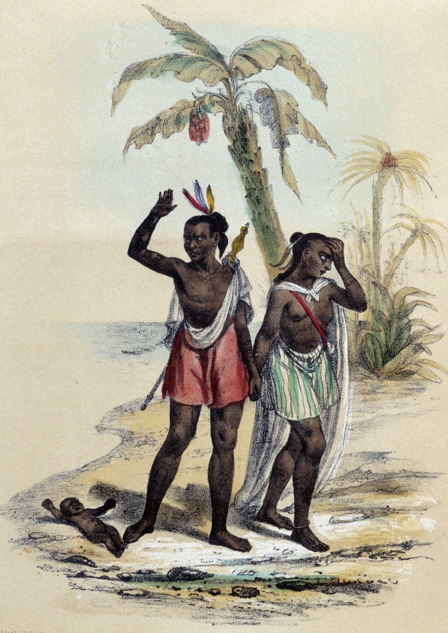 Pari ja vauva rannalla; kuvitus markiiseille, M.E Fouinetin teoksessa "Les twelve Nations" tekijältä French School