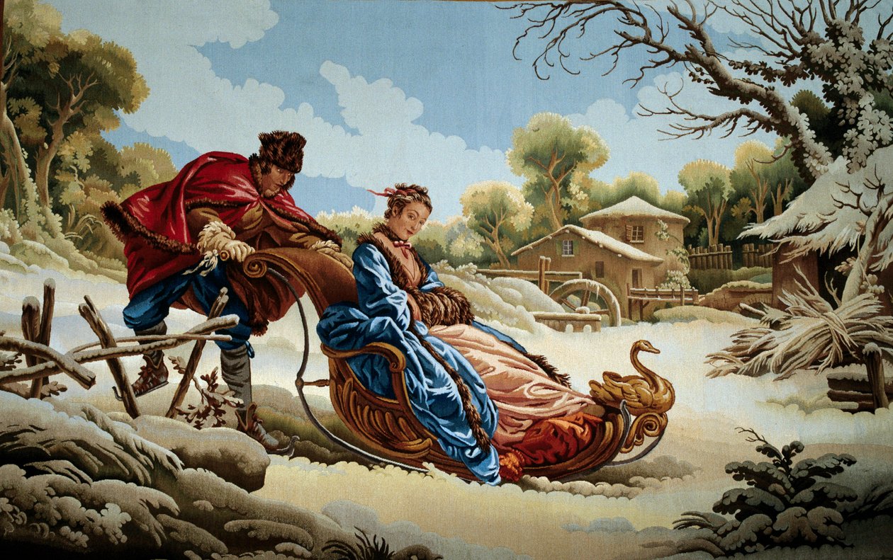 Pariskunta reellä Venäjällä Aubussonin tehtaiden kuvakudos. 1700-luvulla. Aubusson, Gobeliinimuseo tekijältä French School