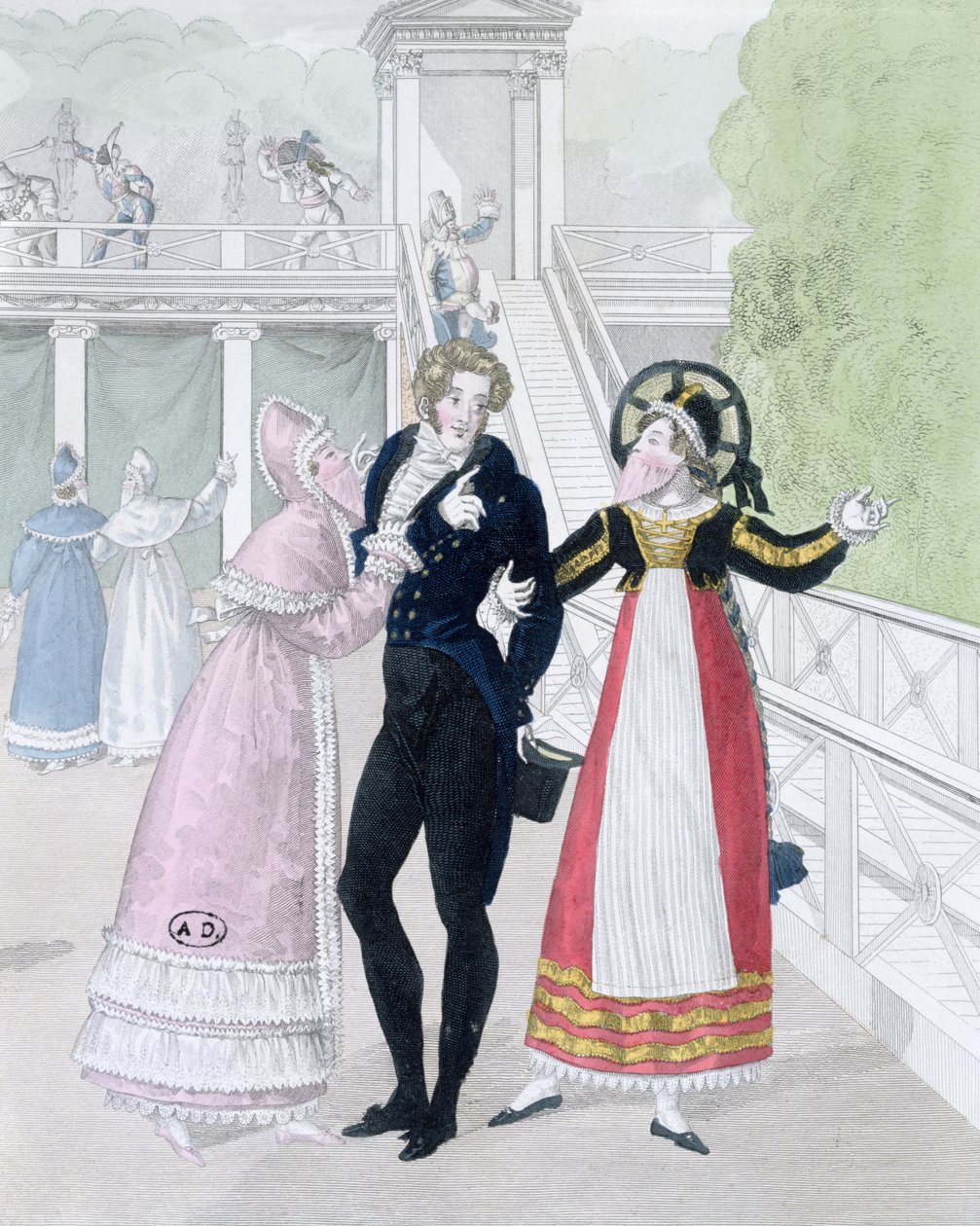 Dandy, jota seurustelee kaksi naamioitunutta naista, sarjasta Le Bon Genre (käsinvärinen kaiverrus) tekijältä French School