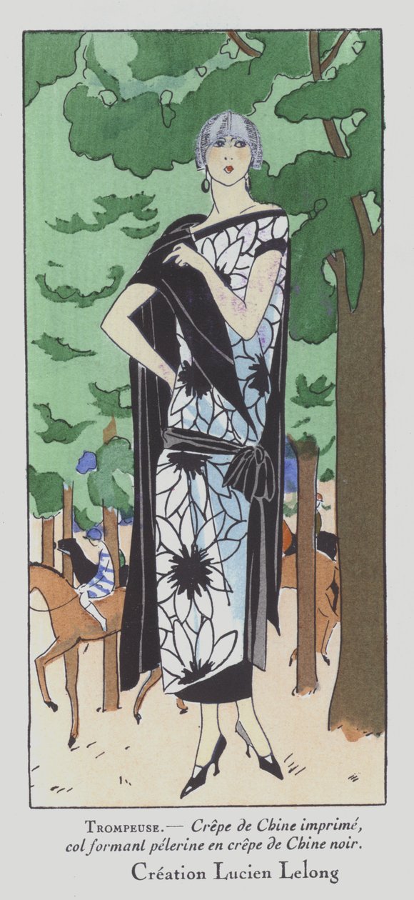 Päivä kilparadoilla - 1920-luvun naistenmuoti, suunnittelija Lucien Lelong (värilitografia) tekijältä French School