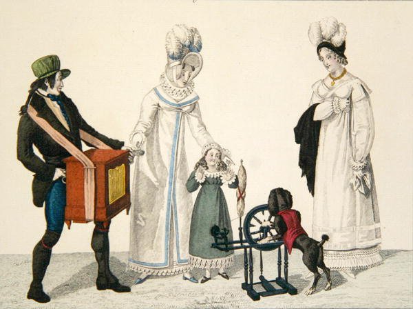 Pyörällä leikkivä koira musiikkilaatikon kanssa, levy 85 "le Bon Genre", n. 1810 (värikaiverrus) tekijältä French School