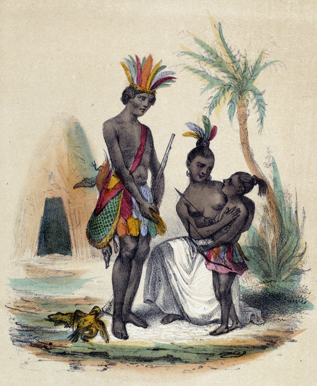 Kanadan intiaanien perhe tiipiensä edessä; kuvitus Kanadalle, M.E Fouinetin teoksessa "The twelve Nations". tekijältä French School