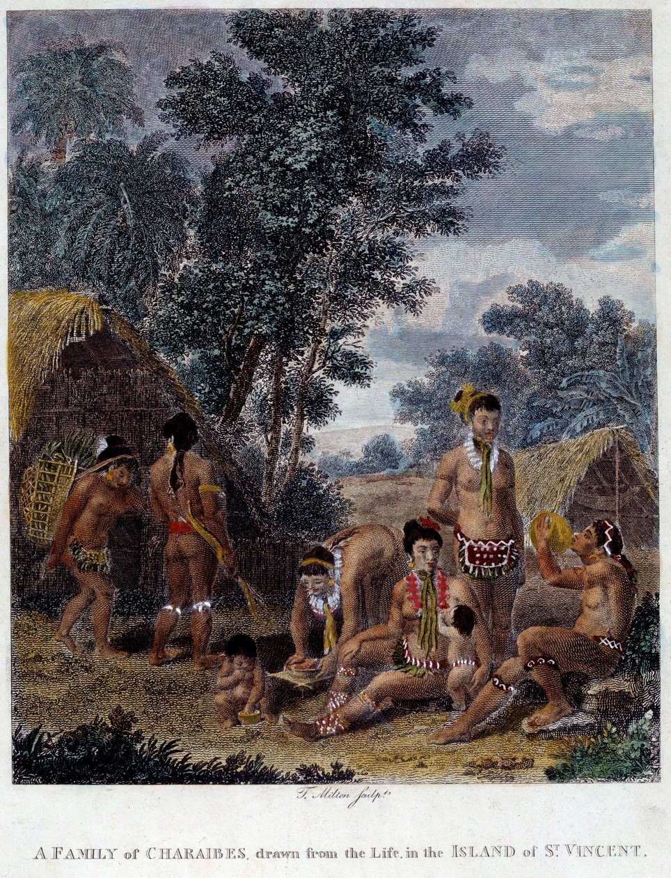Karibien intiaaniperhe Saint Vincentin saarelta Länsi-Intian saarelta Kaiverrus 1800-luvulta Chartresin taidemuseo Kuvataiteen museo tekijältä French School