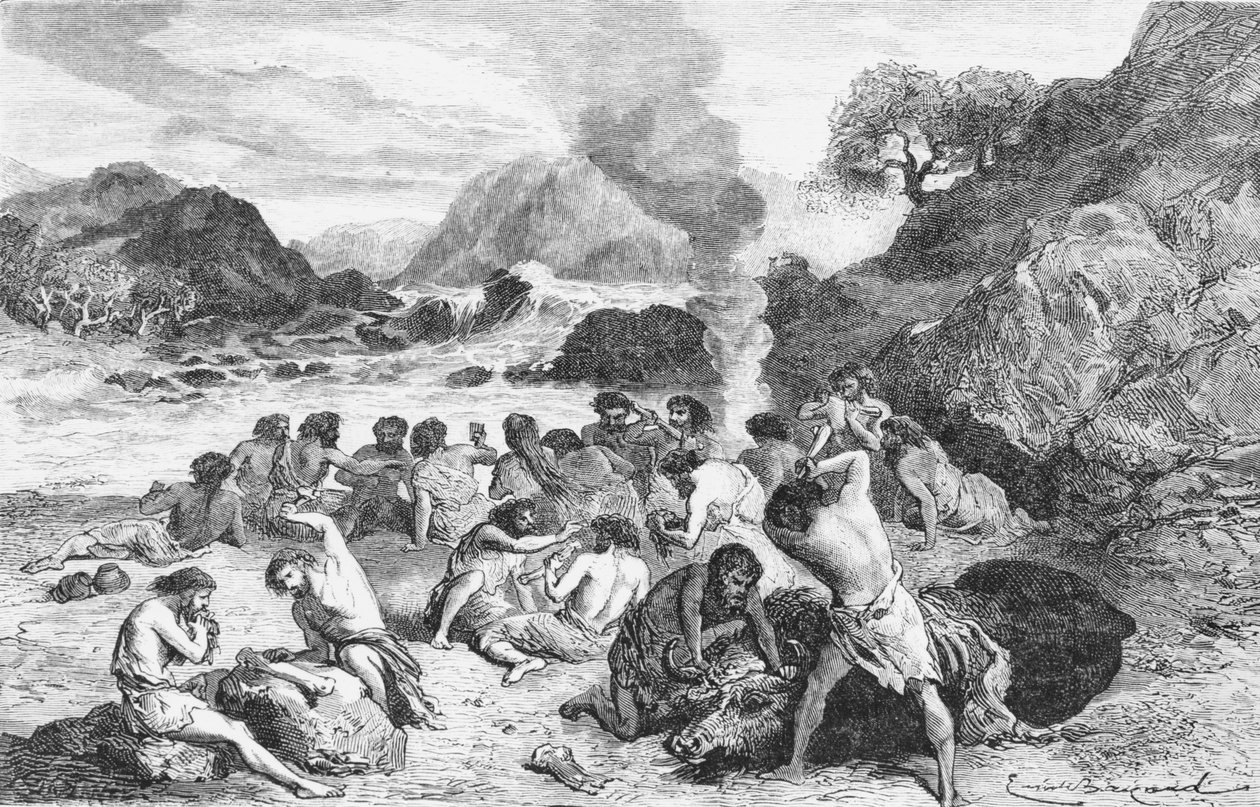 Kivikauden juhlat, kuvitus Louis Figuierin LHomme Primitifistä, julkaissut Hachette, 1870 tekijältä French School