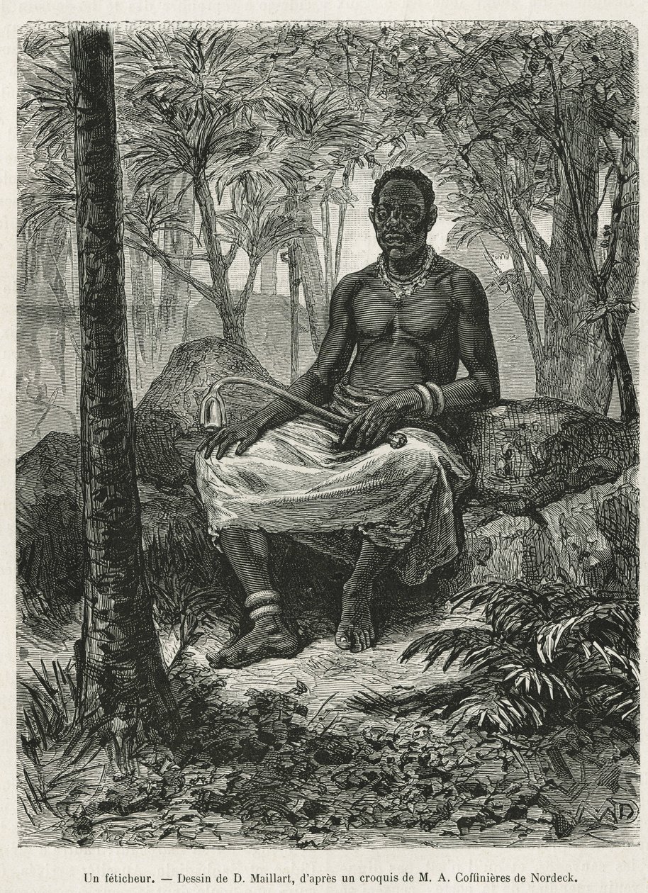 Feticheur, velho, joka kykenee käyttämään fetichesin taikavoimaa, D.Maillartin piirros, joka kuvittaa Alfred Marchen kertomusta matkasta Gaboniin ja Ogoue-joelle vuosina 1875-1877. Kaiverrus Le tour du monde -lehdessä tekijältä French School