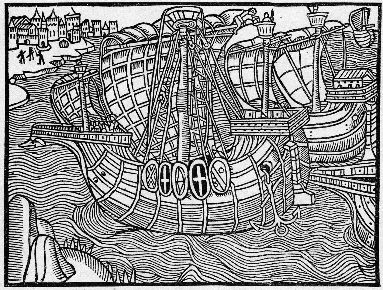 Laivasto 1400-luvulla "Vergier Dõhonneur" -kaiverruksen jälkeen. Kaiverrus kirjaan "La Marine et les colonies: commerce" tekijältä French School