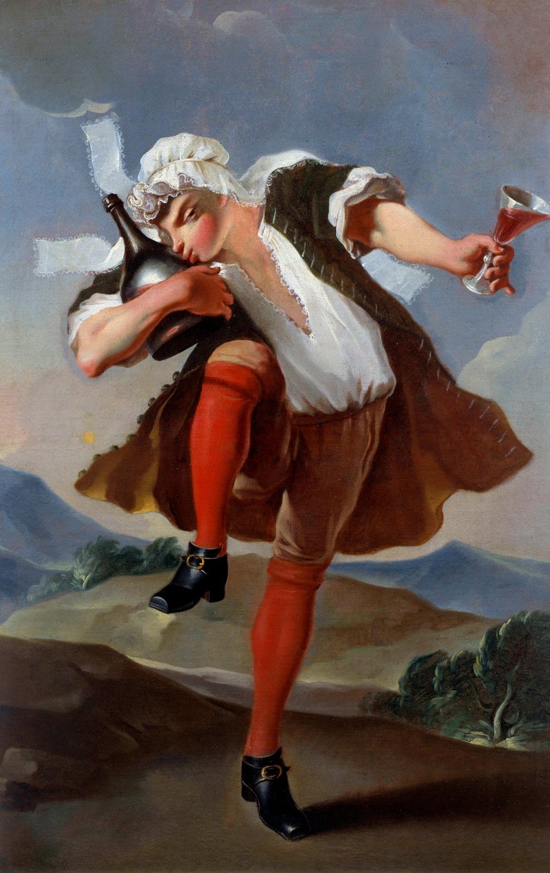 Hyvä pullo viiniä kauppiaan merkki. Anonyymi maalaus noin 1760. Su. 0,98x0,66 m Pariisi, Musee Carnavalet - La Bonne -pullo. Viinikauppiaan kylttitaulu. Anonyymi maalaus n. 1760. 0,98 x 0,66 m. Carnavalet-museo, Pariisi tekijältä French School