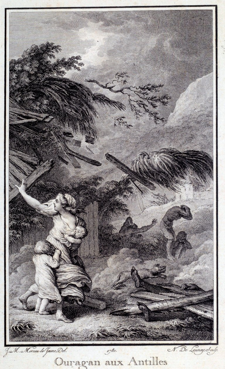 Hurrikaani Länsi-Intiassa. Kaiverrus vuodelta 1780 Chartres, Museum of Fine Arts tekijältä French School