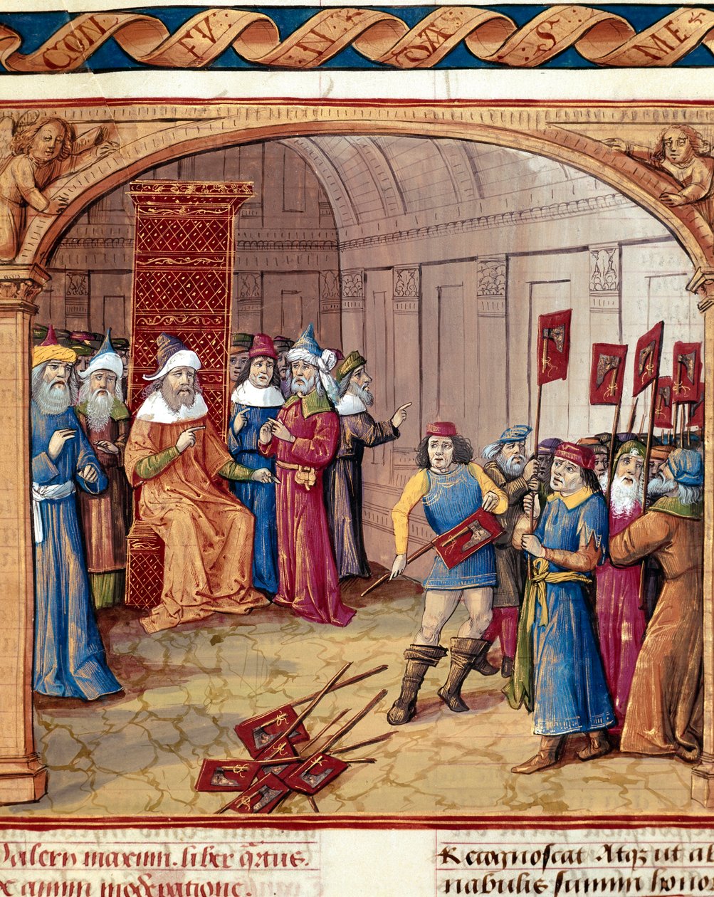 Kuningas saa lippuja ja pienoiskirveitä Valere Maximen (Valerius Maximus) (1. vuosisadalla eKr.) "Dicta et facta memorabilia" -kirjasta 1410 Chantilly, Musee Conde tekijältä French School