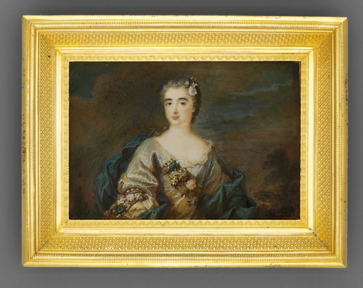 Nainen nimeltä Louise-Jeanne de Durfot, Duchesse de Mazarin et de la Meilleraye, n. 1750 (akvarelli norsunluulla) tekijältä French School