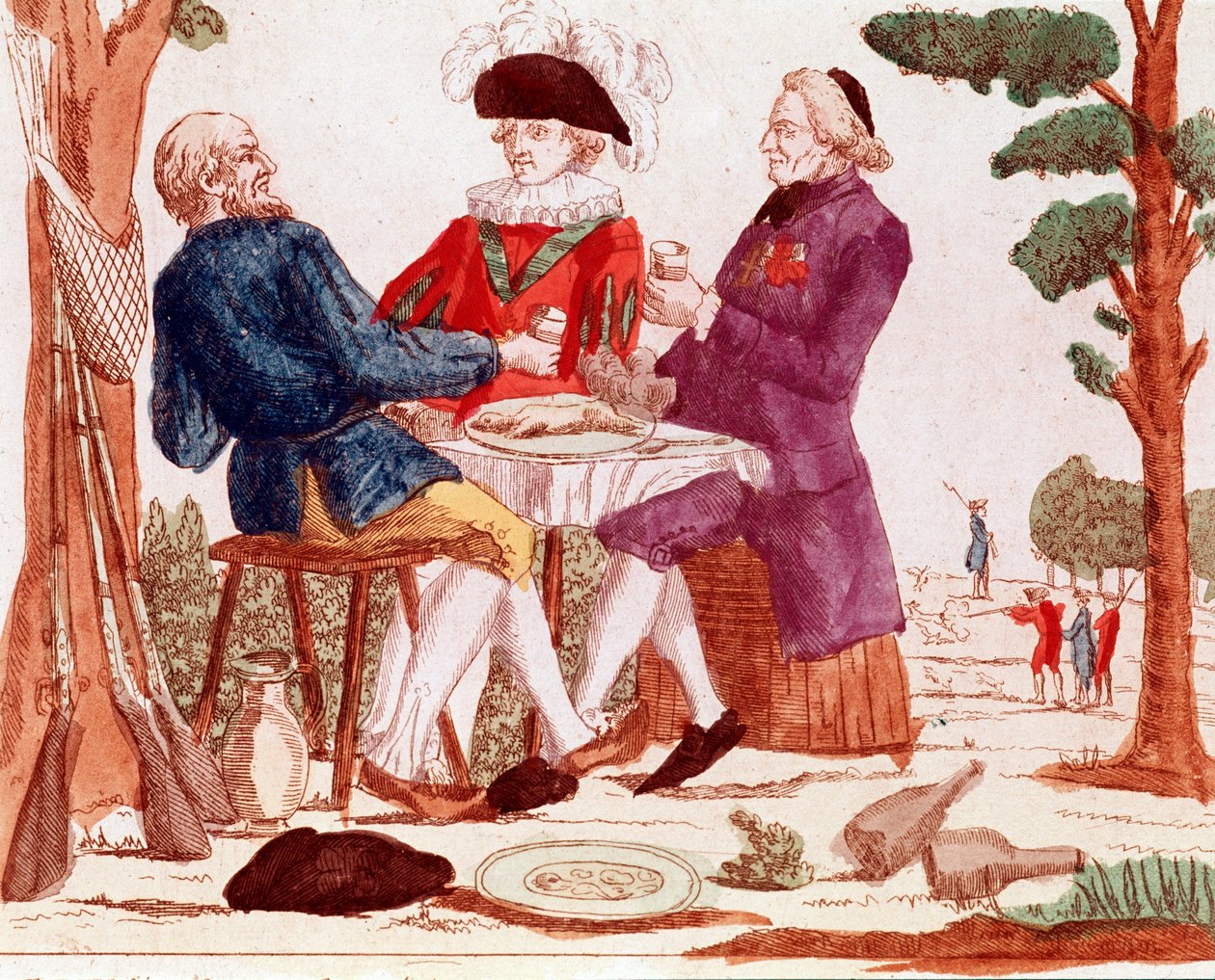 Talonpoika (tiers etat), papisto ja aristokraatti syövät kaniinia yhdessä pöydän ääressä, oikealla taustalla metsästyskohtaus, vasemmalla kolme asetta, elokuu 1789 (kaiverrus, 1700-luvun loppu). tekijältä French School