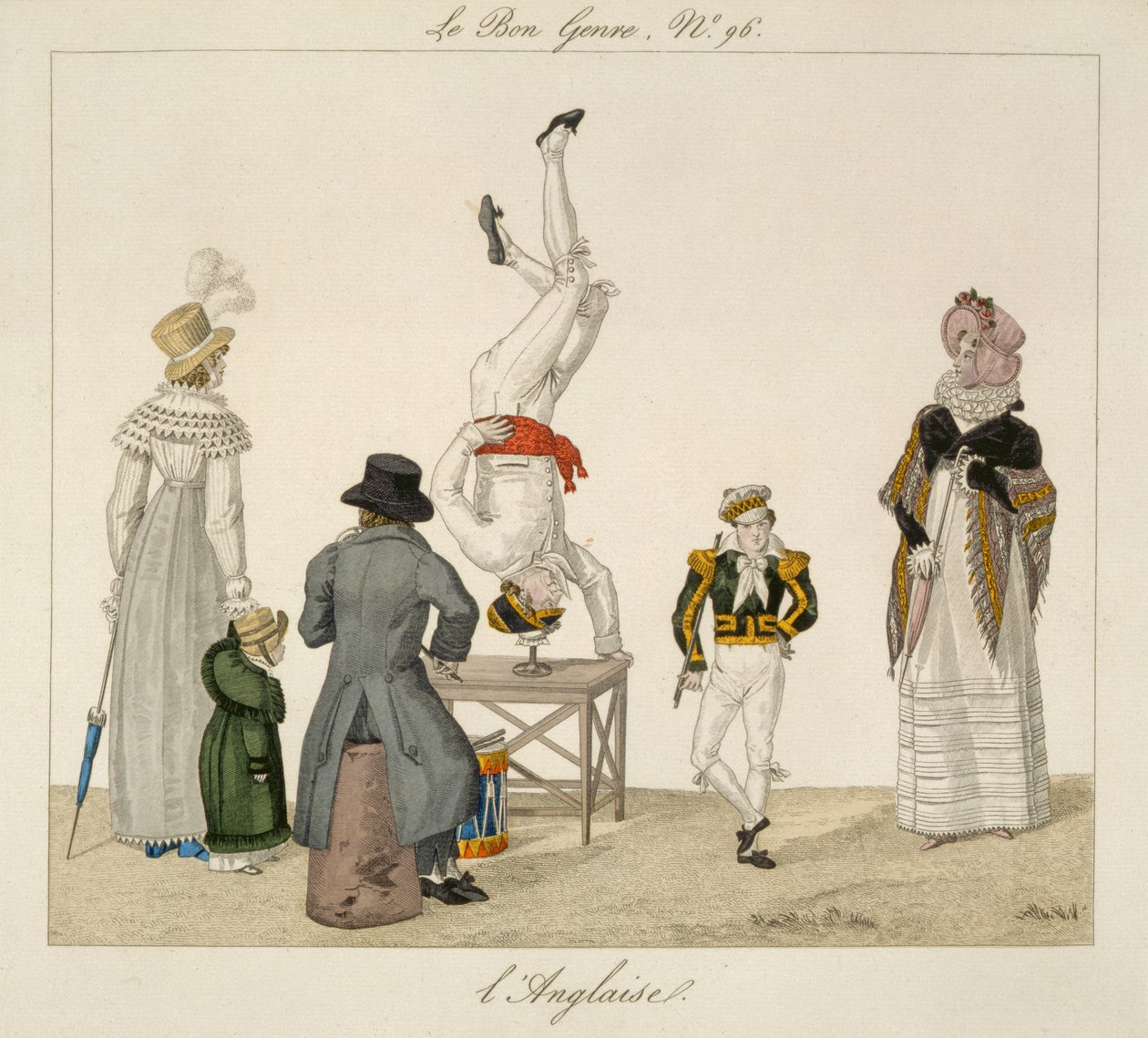 Esiintyjä seisoo päällään tasapainoilemassa lasilla, levy 96 le Bon Genrestä, n. 1810 (värikaiverrus) tekijältä French School