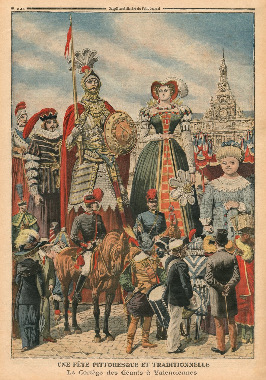 Maalauksellinen ja perinteinen juhla, jättiläisten kulkue Valenciennesissa, kuvitus "Le Petit Journalista", liitekuva, 10. heinäkuuta 1910 (väri litho) tekijältä French School