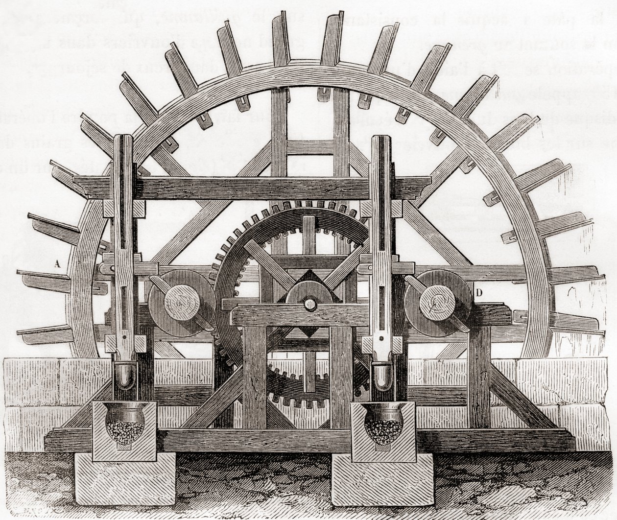 Jauhemylly ja sen vesipyörä, 1800-luvun piirustuksen mukaan, Les Merveilles de la Science, julkaistu noin 1870 (kaiverrus) tekijältä French School