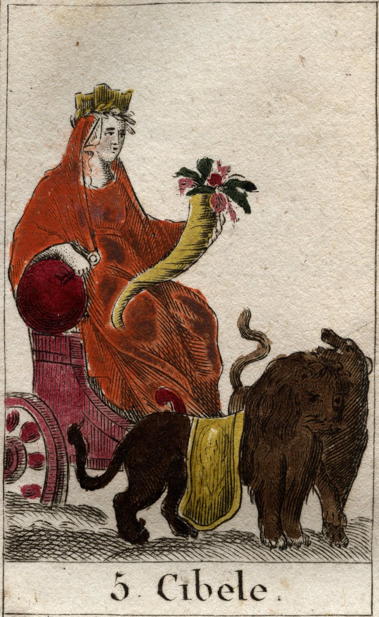 Esitys jumalallisesta Cybelestä (frygialaista alkuperää), joka personoi luontoäidin, ja hänellä on runsaudensarvi käsissään. Pierre Blanchardin "Nuoruuden mytologiasta" vuodelta 1803. tekijältä French School