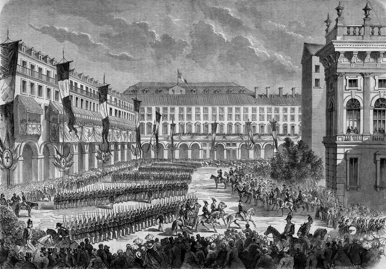 Katsaus Italian kuninkaan Victor Emmanuel II:n (Victor-Emmanuel) (Vittorio Emanuele) Torinossa 7. kesäkuuta ohittamiin joukkoihin tekijältä French School