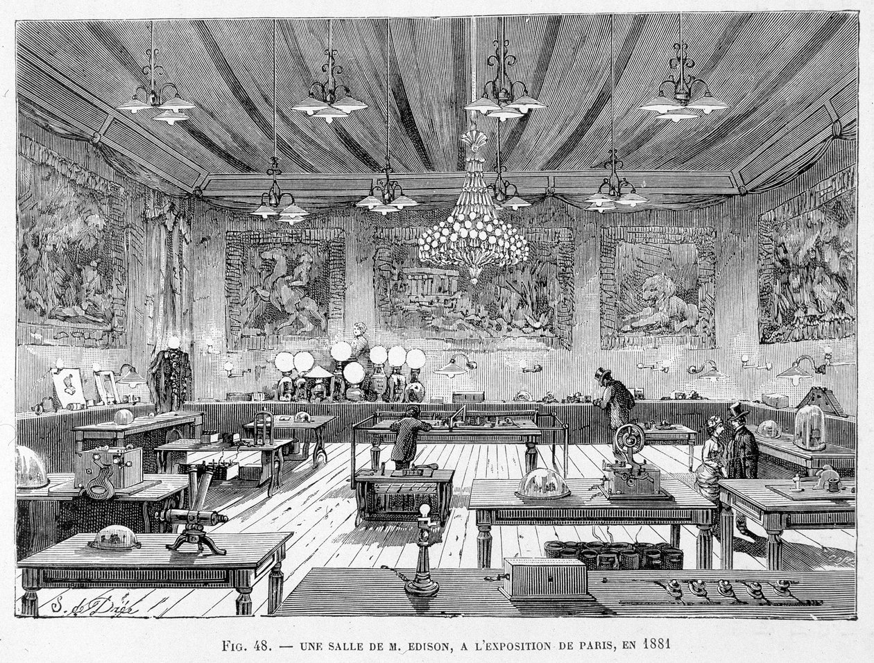 Herra Edisonin huone Pariisin näyttelyssä vuonna 1881 - Louis Figuierin "Tieteen uudet valloitukset" tekijältä French School