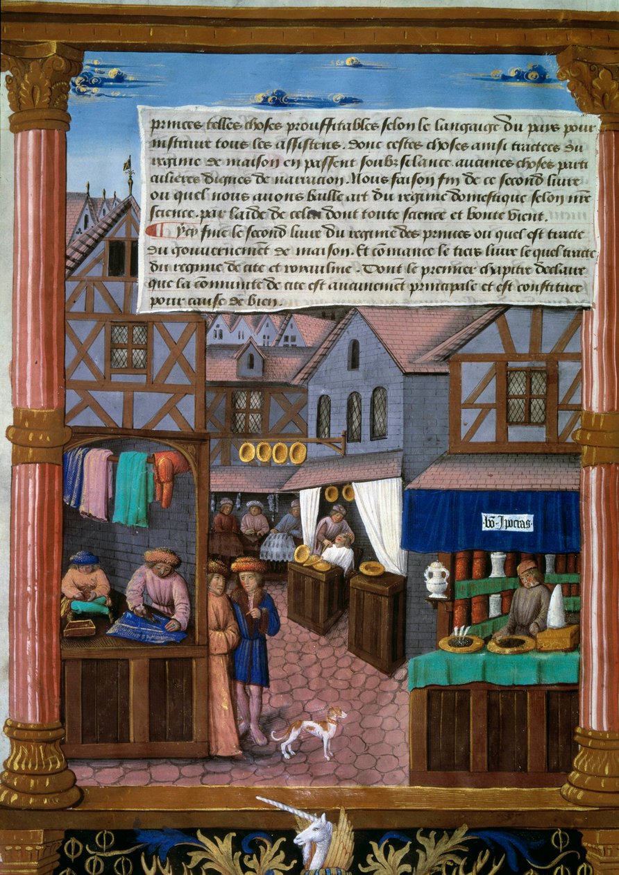 Rue de Paris kaikuineen 1500-luvun alussa Käsikirjoitussivu Romain Gillesin (1500-luku) "Livre du gouvernement des Princes" -julkaisusta, Pariisi, Bibliotheque de l