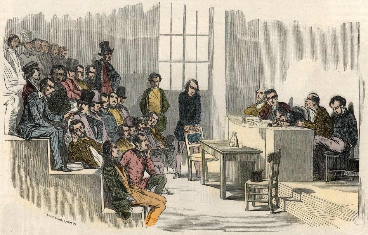 Kokoontumiskilpailun seanssi Sorbonnessa Pariisissa 1800-luvulla - Edmond Texierin kaiverrus "" Tableau-de-Paris "" 1852 tekijältä French School