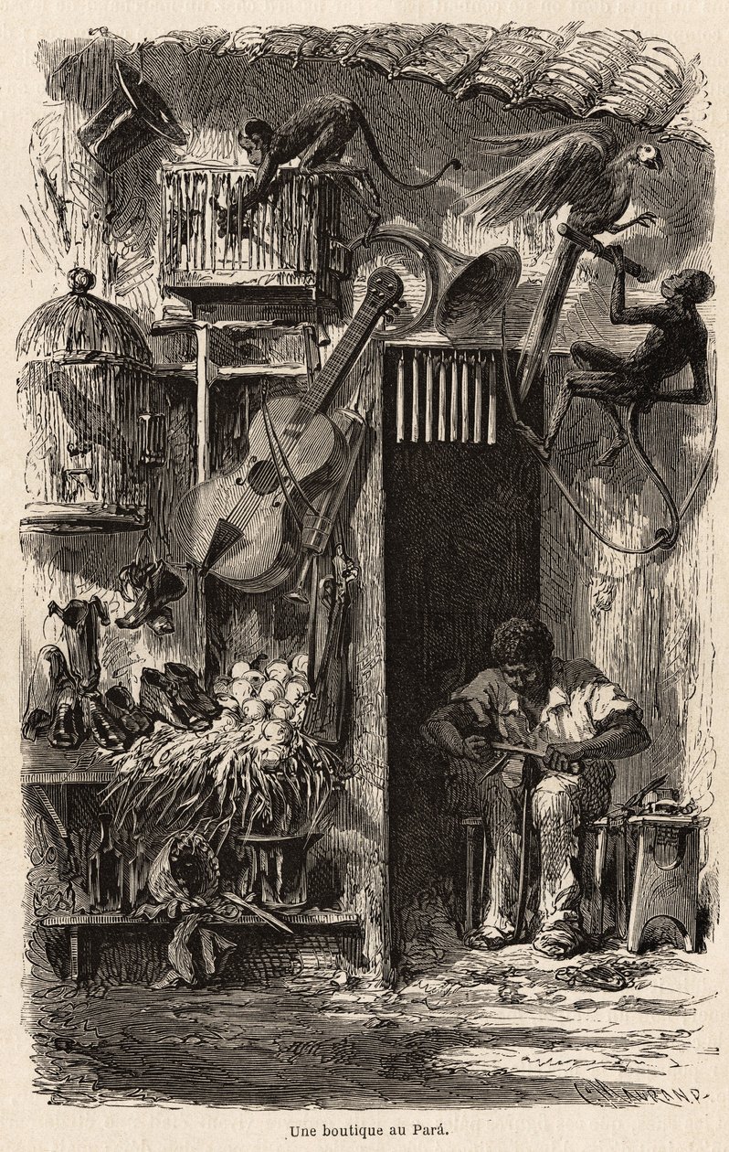 Kauppa Parassa, kuvitus Mr.Biardin matkalle Brasiliaan vuosina 1858-1859. Kaiverrus ”” Le tour du monde”” 1861. Selvan kokoelma. tekijältä French School