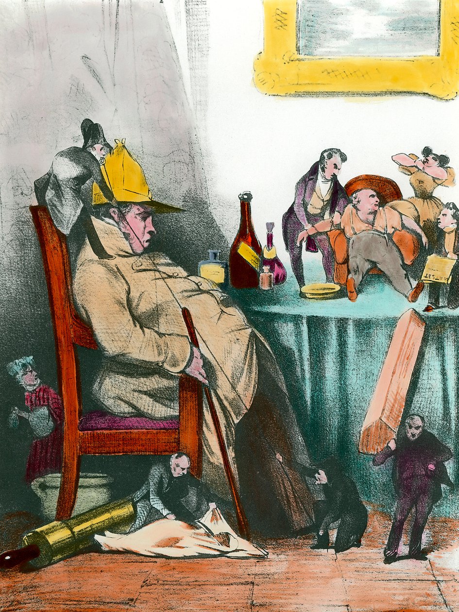 Istuva hypokondrio miettien seuraavaa kuolemaansa Kuvitus Jean Baptiste Poquelin dit Molieren (1622-1673) teokseen "Le malade imaginaire" 1800-luvun yksityinen kokoelma tekijältä French School