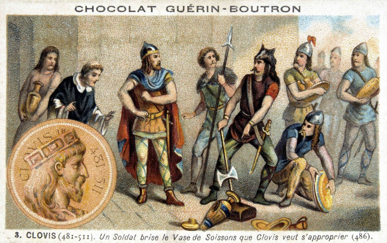 Sotilas rikkoo Soissons-maljakon, jonka Clovis haluaa omistaa, 486 tekijältä French School