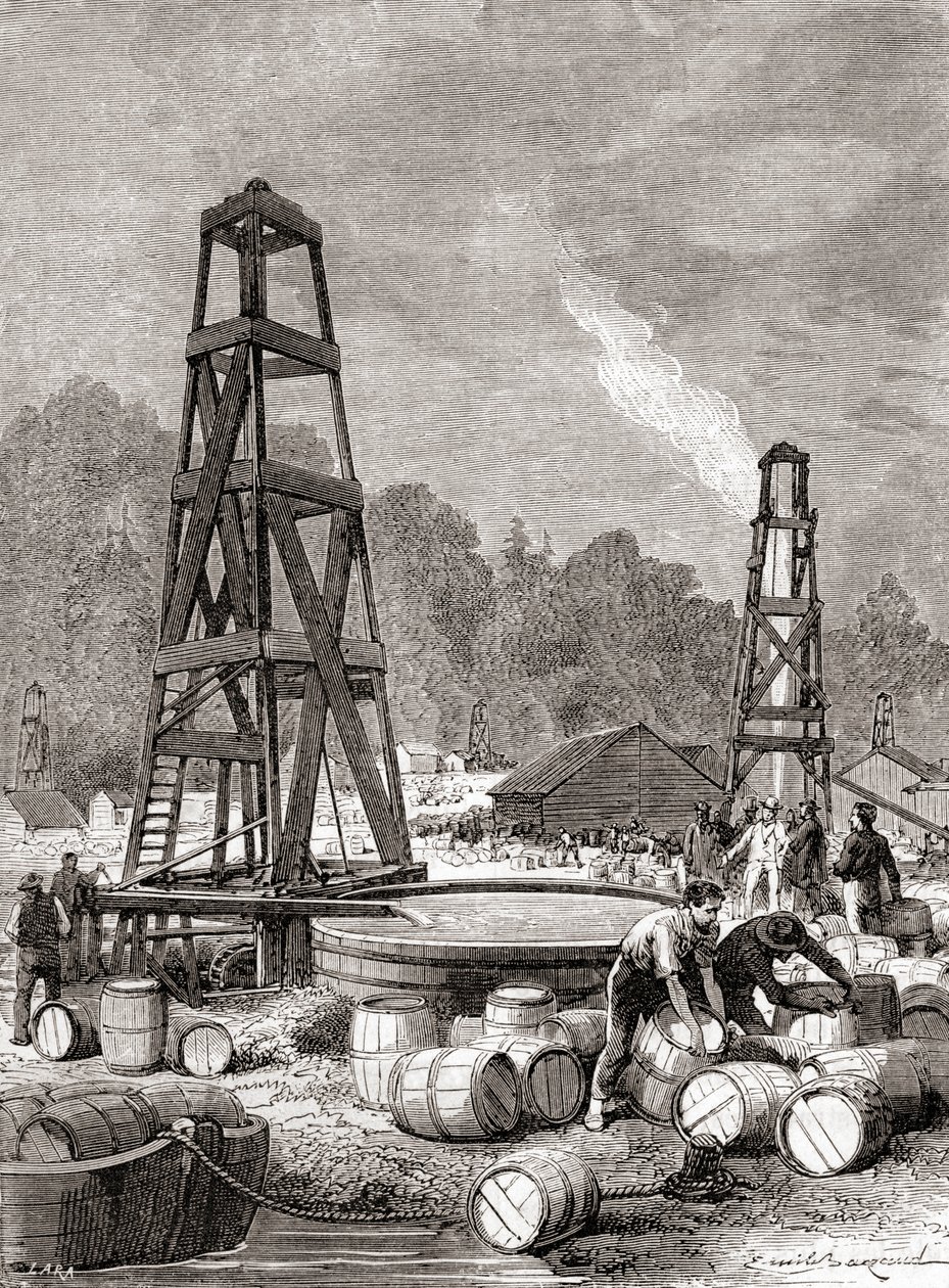 Öljylähde Oil Creekissä Allegheny-joella, Pennsylvaniassa, Yhdysvalloissa vuonna 1858, jonka löysi Edwin Laurentine Drake, alias eversti Drake, Les Merveilles de la Science -julkaisusta, julkaistu noin 1870 (kaiverrus) tekijältä French School