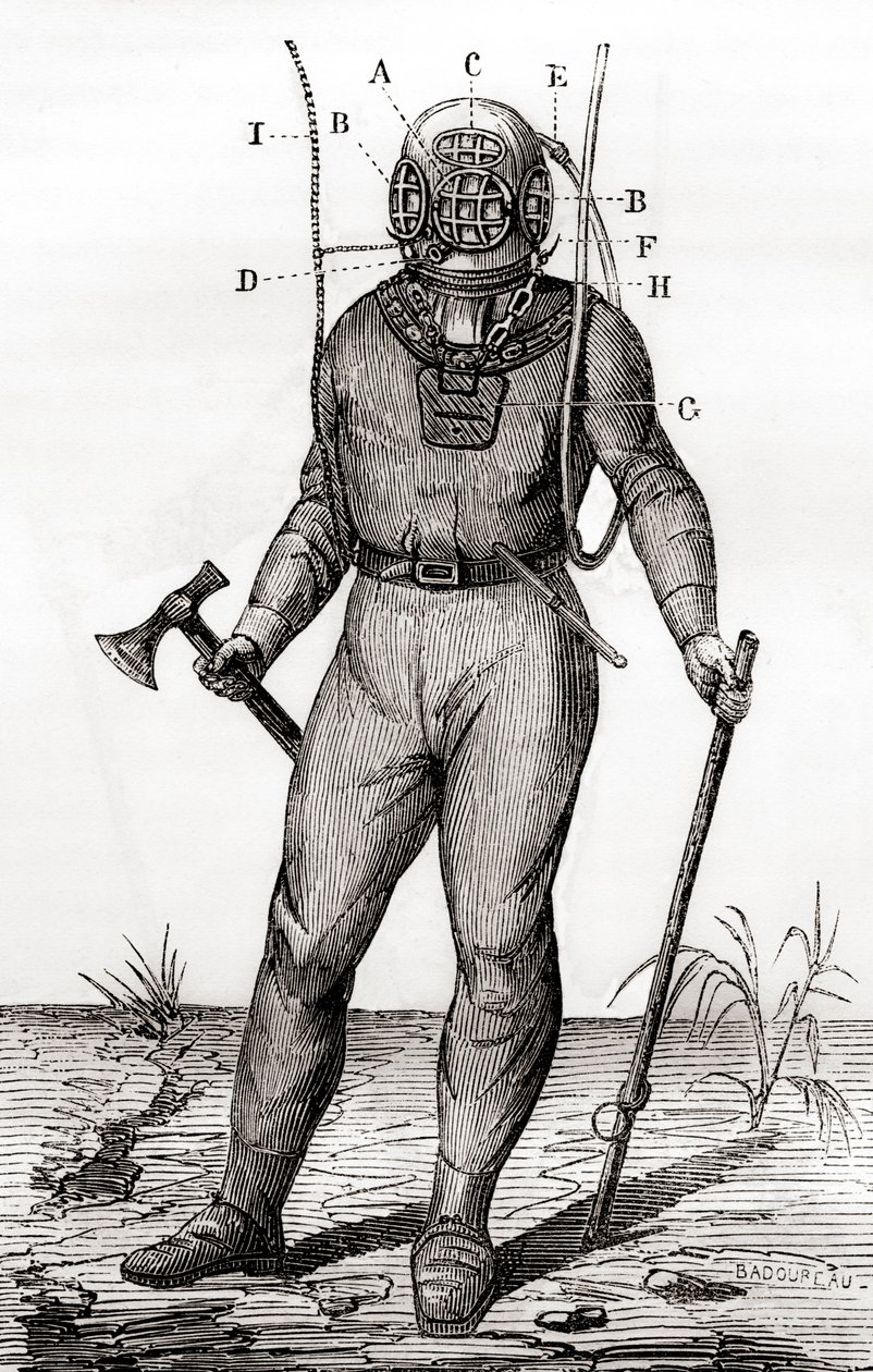 Joseph-Martin Cabirolin vuonna 1855 patentoima vakiosukelluspuku julkaisusta "Les Merveilles de la Science", julkaistu noin 1870 (kaiverrus) tekijältä French School