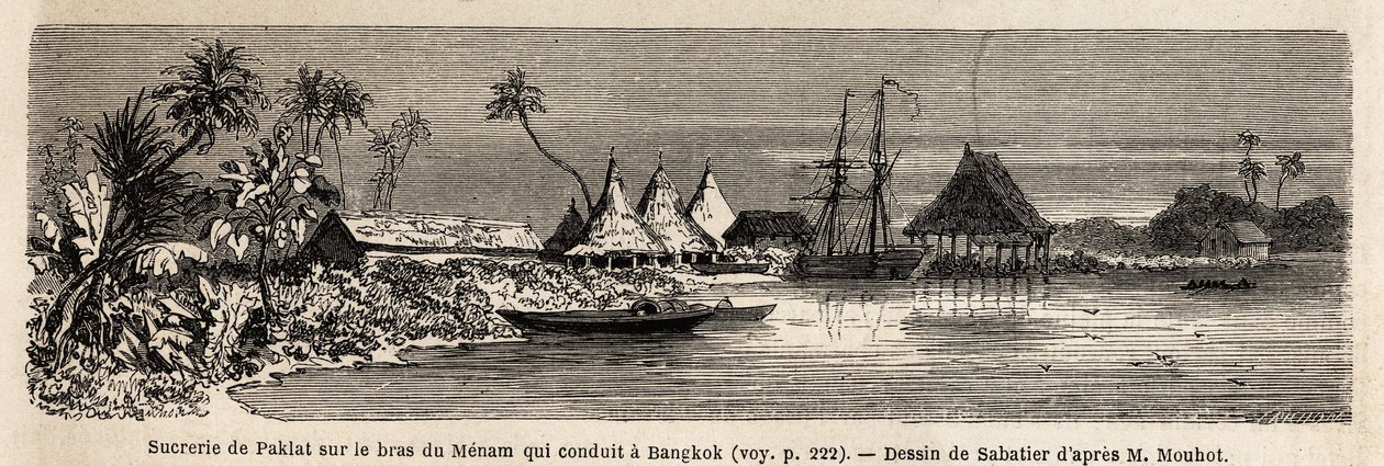 Paklatin sokeritehdas Thaimaan pääjoen Menamin varrella. Sabatier piirtää Henri Mouhotin matkan Siamin, Kambodžan ja Laosin valtakuntiin vuosina 1858–1861. Kaiverrus ”” Le tour du monde” ”, toimittanut Edouard Charto tekijältä French School