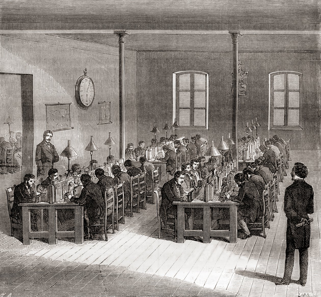 Lennätinasema Pariisissa, Ranskassa n. 1870, Les Merveilles de la Sciencesta, julkaistu noin 1870 (kaiverrus) tekijältä French School