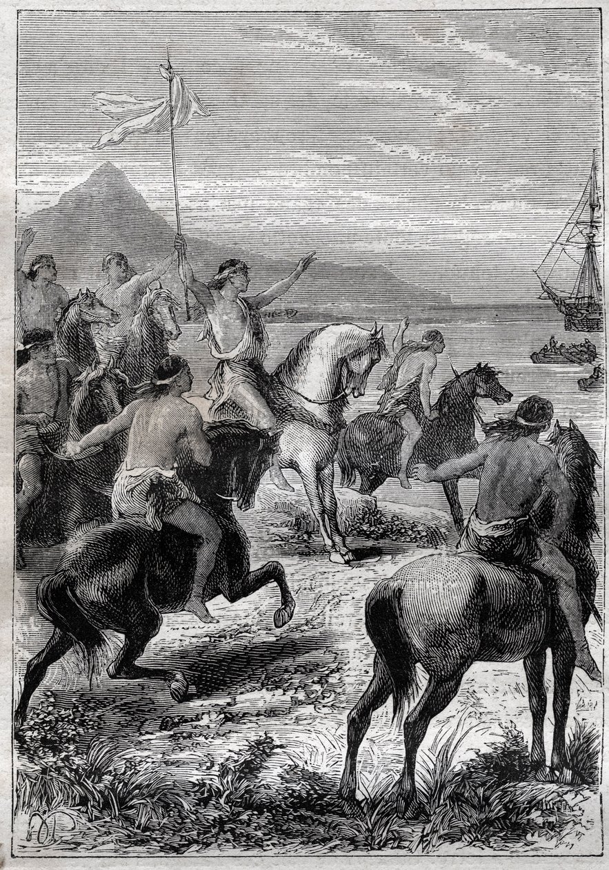Joukko miehiä hevosen selässä käytti valkoista lippua: vara-amiraali John Byron (1723-1786) otettiin vastaan Cape des Virginsin alkuasukkaiden kanssa Magellanin Detroitin itäisellä suulla vuonna 1764 - kuva teoksesta "1700-luvun suuret merenkulkijat ”” tekijältä French School