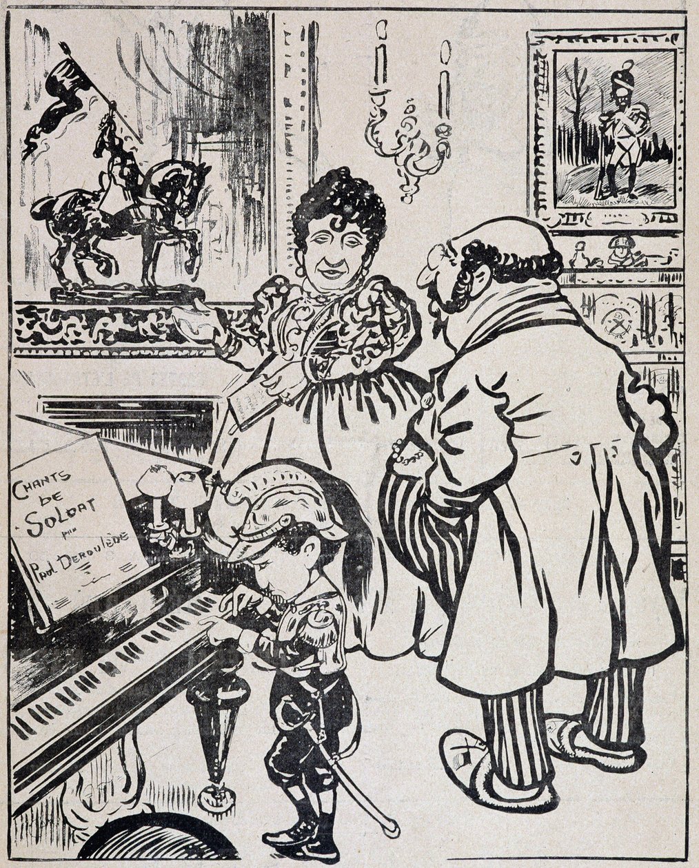 Käytetty pronssi, karikatyyri, jossa taistelulaivoja, nuotit Derouledelle pianolla ja Jeanne d