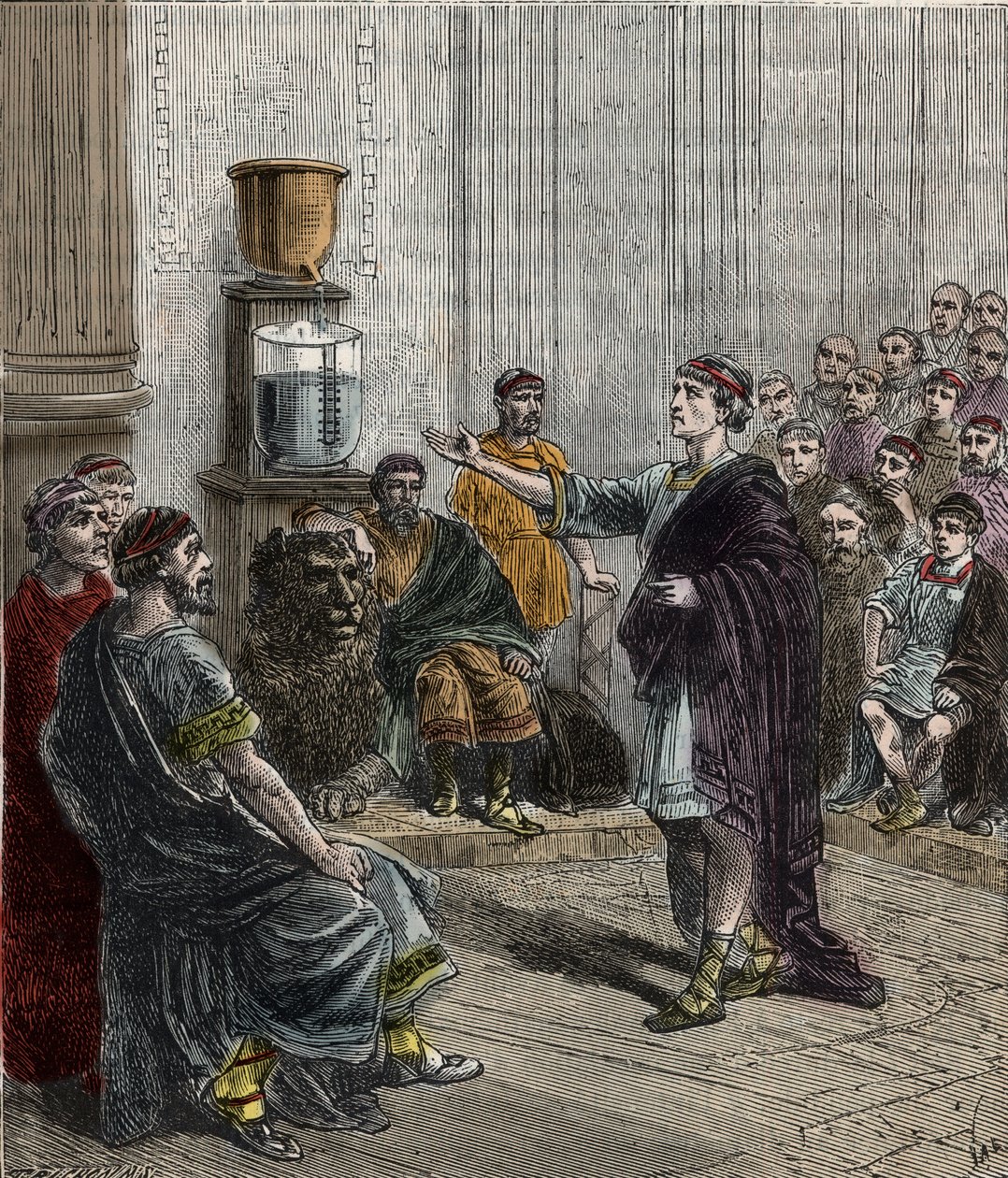 Vesikello tai clepsydra Ateenassa - Muinainen Kreikka - la clepsydre a Athenes - Kaiverrus "" Tieteet kaiken oven eteen - fysiikka ja kemia", kirjoittanut Alexis Clerc - 1800-luvun loppu - Yksityinen kokoelma tekijältä French School