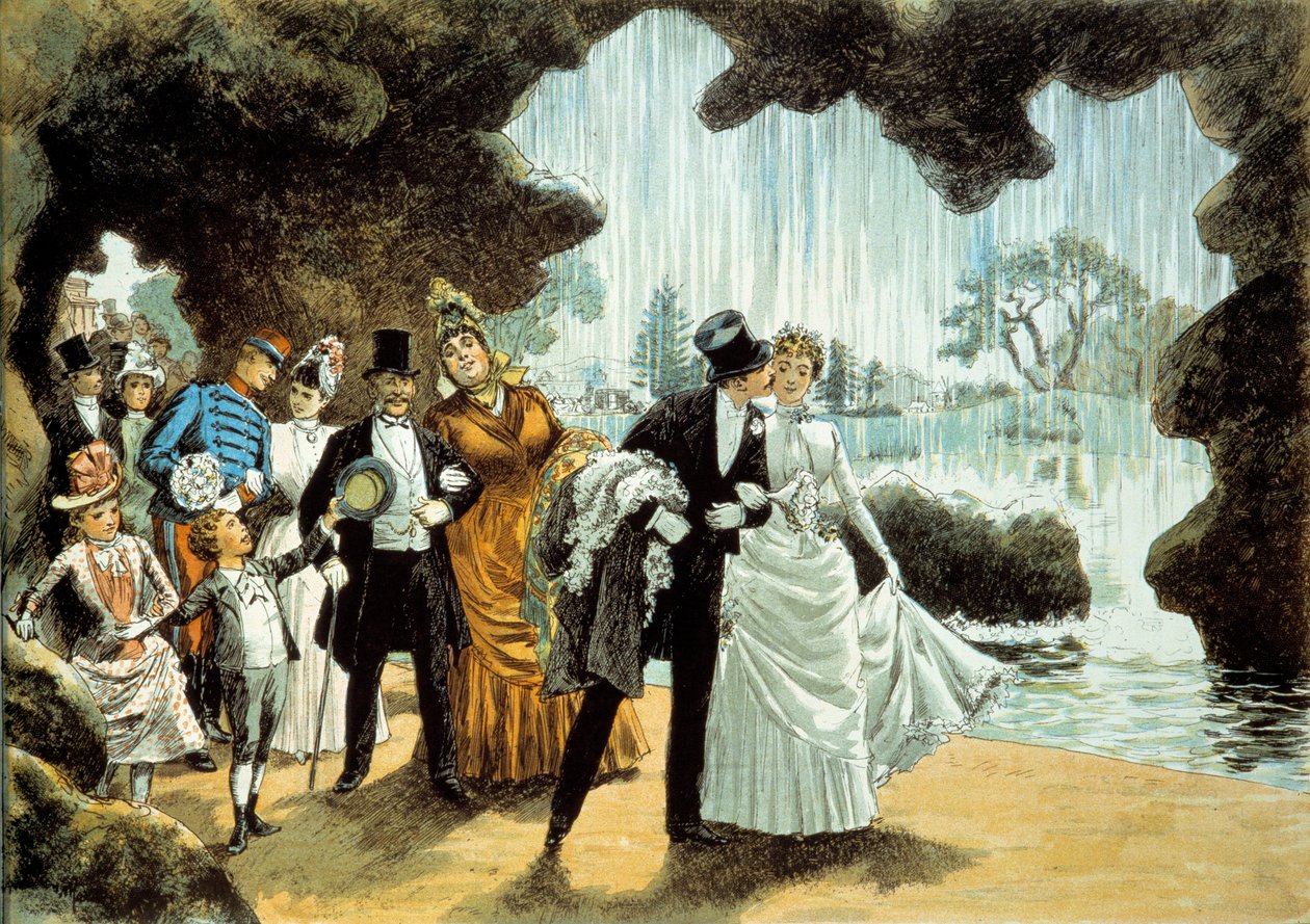 Häissä on vesiputous. Aviopari Parc des Buttes Chaumontissa (). Tuloste 1800-luvun loppupuolelta Yksityiskokoelma tekijältä French School