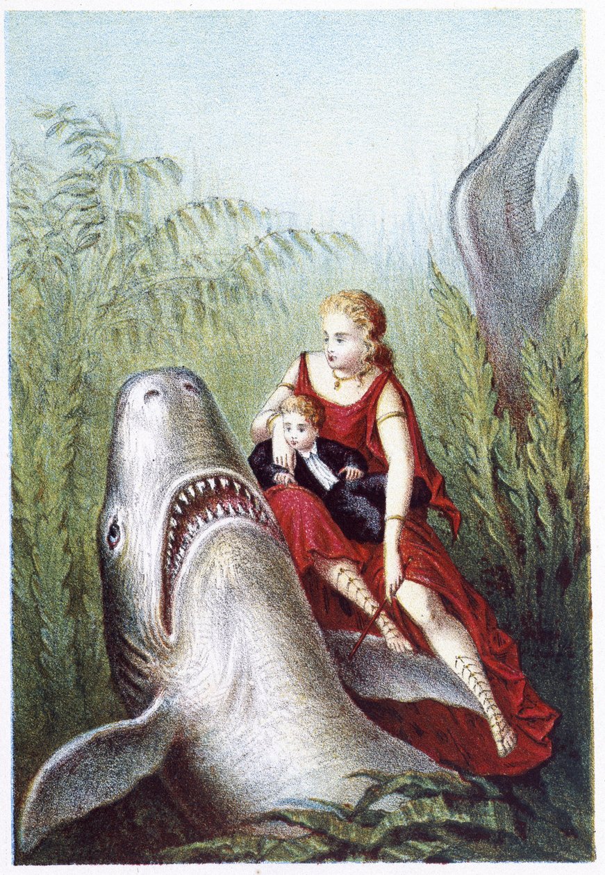 Nainen ja poika ratsastamassa hain selässä - H. de la Blanchèren "" Matka merenpohjaan" -kirjassa. Paris, toim. Jouvet et Cie, sd. 1880. (kaksoisnumero 02943) tekijältä French School