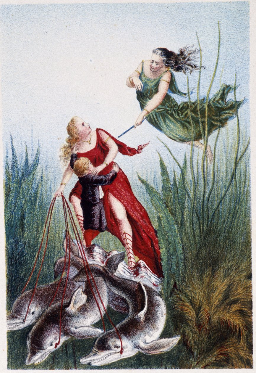 Nainen hyökkäämässä toisen naisen ja delfiinien johtaman pojan kimppuun - H. de la Blanchèren "" Matka merenpohjaan" -kappaleessa. Paris, toim. Jouvet et Cie, sd. 1880. (kaksinkertainen 02947 ja 02952) tekijältä French School